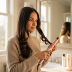 A woman in a cozy sweater uses a pink curling iron to style her long brown hair in a bright bathroom with a mirror.