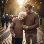 A young man in a brown sweater walks arm-in-arm with an elderly woman using a cane on a sunny park path
