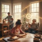 A warm family kitchen scene with a woman rolling dough, a man and child building together, and grandmother reading to a toddler by sunny windows.
