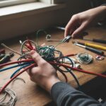 Person's hands holding colorful tangled wires while using wire strippers to work on an electronics project at a wooden workbench