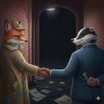 A fox wearing a detective hat shakes hands with a badger in a blue suit under a street lamp, with newspapers scattered on the ground.