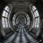 A long hallway with arched windows that seems to spiral and twist into a tunnel, creating a dizzying optical illusion effect.