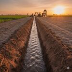 A water-filled irrigation ditch runs through farmland at sunset, with farm equipment and workers visible in the distance.