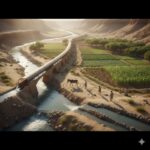 Ancient desert valley with stone aqueduct carrying water over a stream to green farm fields, with people and animals below