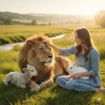 A smiling woman in blue clothes sits in a sunny field petting a friendly lion while holding a white rabbit with a lamb nearby