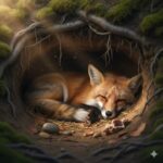 A red fox curled up sleeping peacefully in its cozy underground den surrounded by roots, moss, and soft bedding