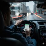 A person driving a car in the rain while looking at their phone, showing unsafe distracted driving behavior.