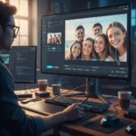 Person at computer desk editing a photo of six smiling friends on the main monitor screen, with code visible on a second monitor