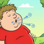 A boy in a red shirt doing breathing exercises outdoors, with blue arrows showing air flowing in and out of his mouth