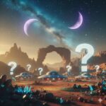 Flying saucers with glowing lights land on an alien planet with red rocks, blue crystals, two purple moons and stars in the sky
