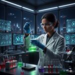 A female scientist in safety goggles and lab coat uses a dropper to add liquid to a glowing green beaker in a futuristic lab