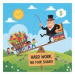 A seesaw with children pushing a cart full of fruits and vegetables on one side, while a rich man in a top hat sits alone on the higher side with money bags