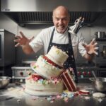A smiling chef in a white coat stands behind a tilting three-layer wedding cake that's falling apart in a messy kitchen