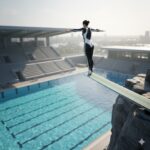 A diver in a black and white swimsuit stands on a diving board with arms outstretched, preparing to dive into a swimming pool.