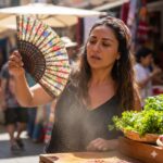 A woman at an outdoor market uses a colorful floral fan to cool herself while standing near a basket of green herbs.