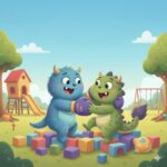 Two friendly cartoon monsters, one blue and one green, hugging and playing with colorful building blocks in a sunny playground with swings and a playhouse.