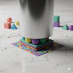 A gray cylinder presses down on colorful balls, squares, and geometric papers stacked beneath it, with scattered toy shapes nearby on a white surface.