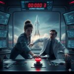 Two people in a space control room with computers and screens, watching a rocket launch through a window with a red countdown timer above