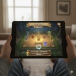 A person holding a tablet showing a fantasy board game with colorful character pieces, displaying a score of 12,500 points and an achievement unlock notification.
