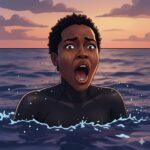 A person in a wetsuit emerges from ocean water with mouth open wide, looking surprised, with water droplets splashing around them at sunset.