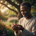 A smiling man gently holds a tiny green hummingbird in his cupped hands in a sunny garden with colorful flowers