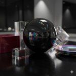 A shiny black sphere sits on a dark table surrounded by clear glass cubes, colorful discs, and a red box in dramatic lighting.
