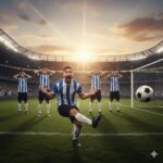 Soccer players in blue and white striped jerseys celebrating on a stadium field with a soccer ball near the goal