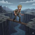 A scared blonde boy in explorer clothes carefully walks across a narrow wooden plank over a deep rocky canyon with water below.
