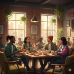 Four diverse young adults sitting around a wooden table in a cozy cafe, smiling and talking together with laptops, coffee cups, and pastries