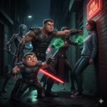 Five cartoon characters in a dark alley scene: a ninja, two armored fighters, a wizard with green magic, and a girl by a Fun Arcade sign