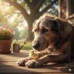 A gentle brown dog lies on a wooden deck with a tiny yellow chick resting between its front paws in warm sunlight