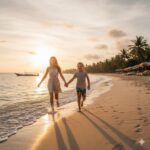 Two happy children holding hands and running together on a sandy beach at sunset with palm trees and colorful umbrellas nearby