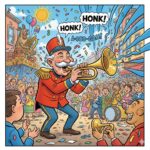 A cheerful band leader in a red uniform plays trumpet while marching through a festive street parade with crowds cheering and confetti falling.