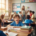A happy boy in a blue shirt sticks out his tongue playfully while sitting at his school desk with books and pencils in a bright classroom
