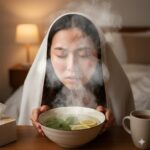 A young woman with a towel over her head inhaling steam from a bowl of hot water with lemon slices and mint leaves