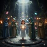 A young girl in white holds a glowing orb while five hooded figures in colorful robes stand around her in a magical cave with sparkling lights