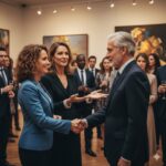 People in fancy clothes shaking hands and talking at an art gallery with paintings on the walls and other guests watching