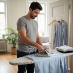 A man in a gray shirt carefully irons a light blue dress shirt on an ironing board in a bright, clean room.