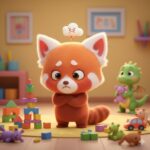 A sad red panda with crossed arms sits in a colorful playroom surrounded by building blocks, toys, and a green dinosaur, with an angry cloud above its head.