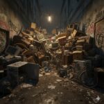 A narrow alley blocked by a huge pile of old furniture, bikes, boxes and junk, with graffiti on the walls and dim lighting overhead.