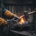 A blacksmith wearing thick gloves uses a hammer to shape hot glowing metal on an anvil, with bright sparks flying