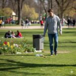 A young man in a gray hoodie walks through a park, putting trash in a waste bin while people enjoy picnics on the grass nearby.