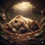 A brown bear sleeping peacefully in a cozy cave with sunlight streaming through the opening and green ferns growing nearby