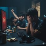 A disappointed gamer holds his head in his hands at a computer showing "DEFEAT" while teammates celebrate in the background.