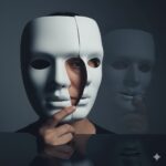 A person holds a white mask that covers half their face, with their real eye and hand visible through openings in the mask.