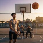 A young basketball player in a gray tank top shoots a basketball toward the hoop on an outdoor court while friends watch