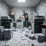 A man operates a copy machine in an office completely overflowing with stacks of paper and copies everywhere on floors and walls.