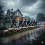 People working together to place sandbags in front of a house during heavy rain and flooding to protect it from water damage.