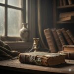 Old dusty book with green mold sitting on a wooden table near a window, with more books and a candle in the background