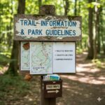 A wooden trail information sign in a forest showing maps and park rules, with a small box below containing free trail maps